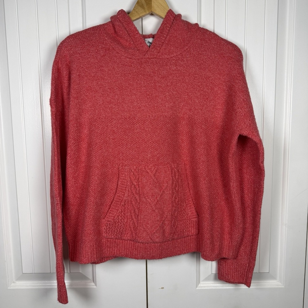 Cabi Sidekick Cable Knit Hoodie Sweater Women Small Pink Frost Kangaroo Pocket